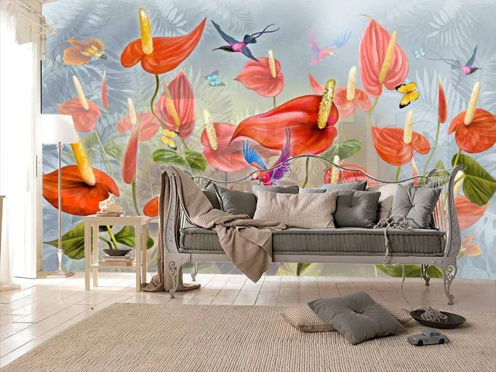 Фотообои в интерьере красные цветы антуриум  7-503 фото