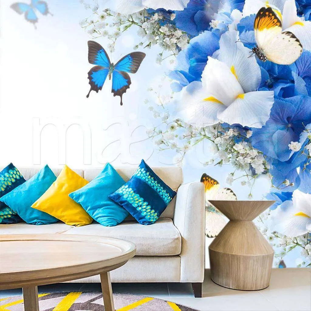 Фотообои Синие цветы и бабочки  9-069