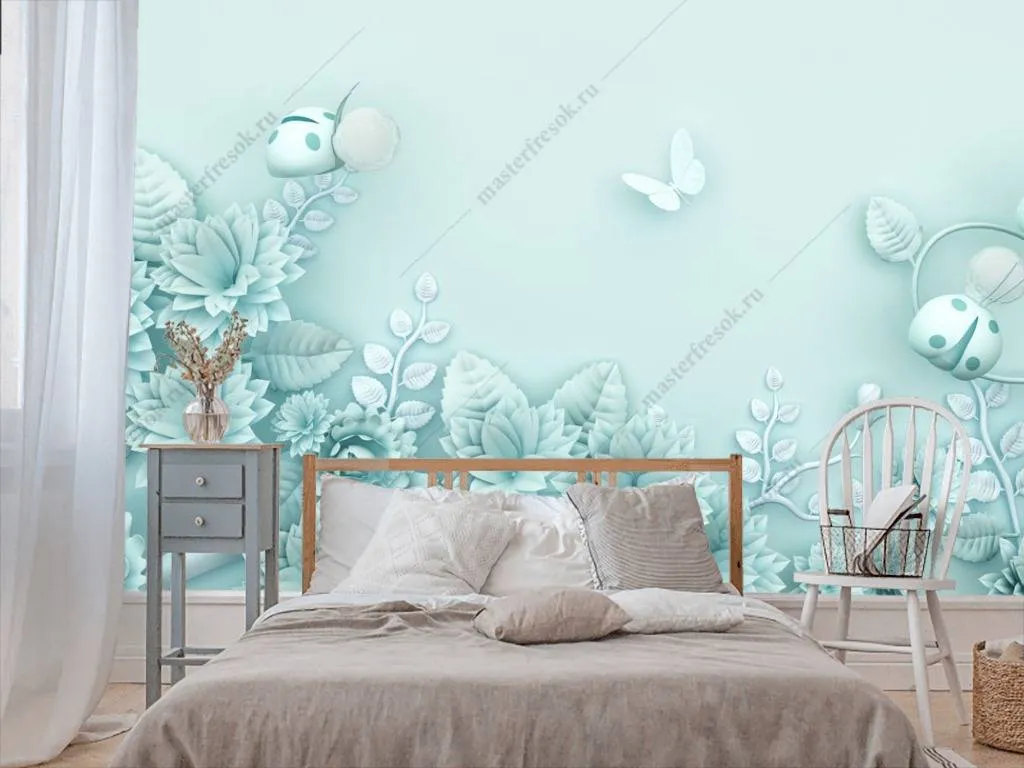 Фотообои в интерьере 3д бирюзовый фон  10-644 фото