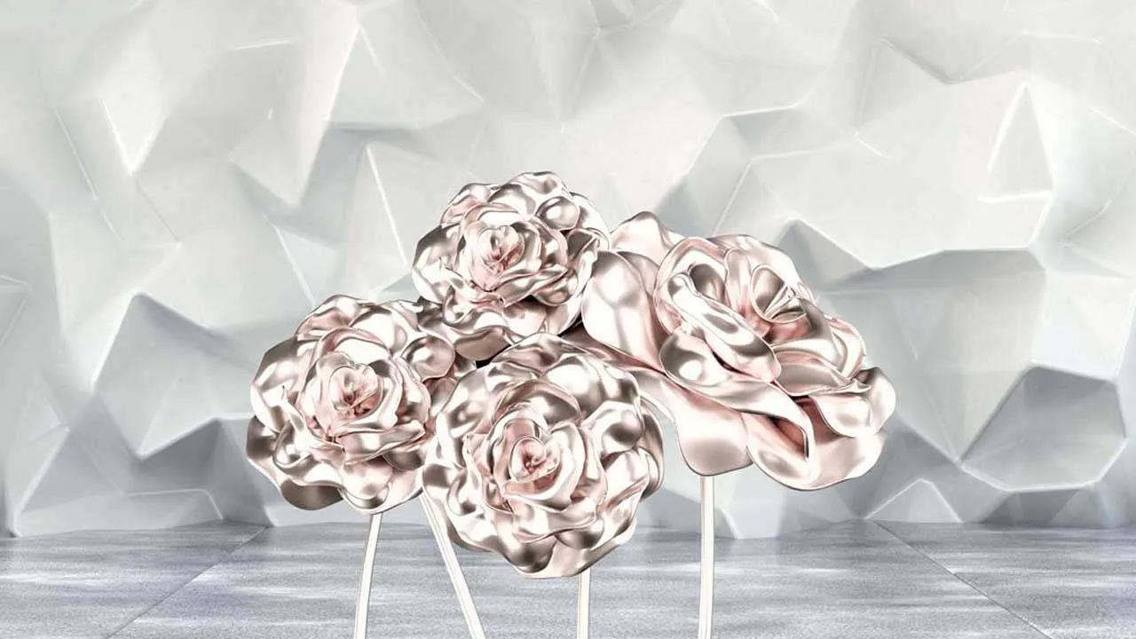 Фотообои в интерьере 3д цветы на серых квадратах  10-548 фото