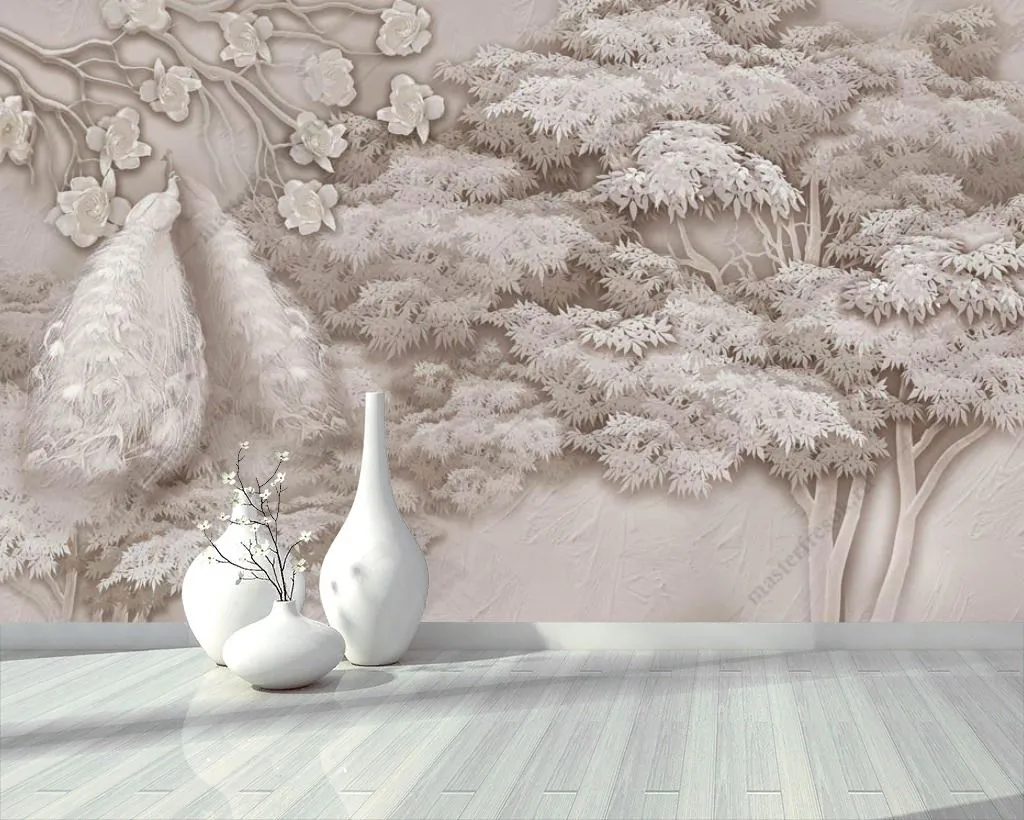 Фотообои в интерьере павлин у дерева  13-350 фото