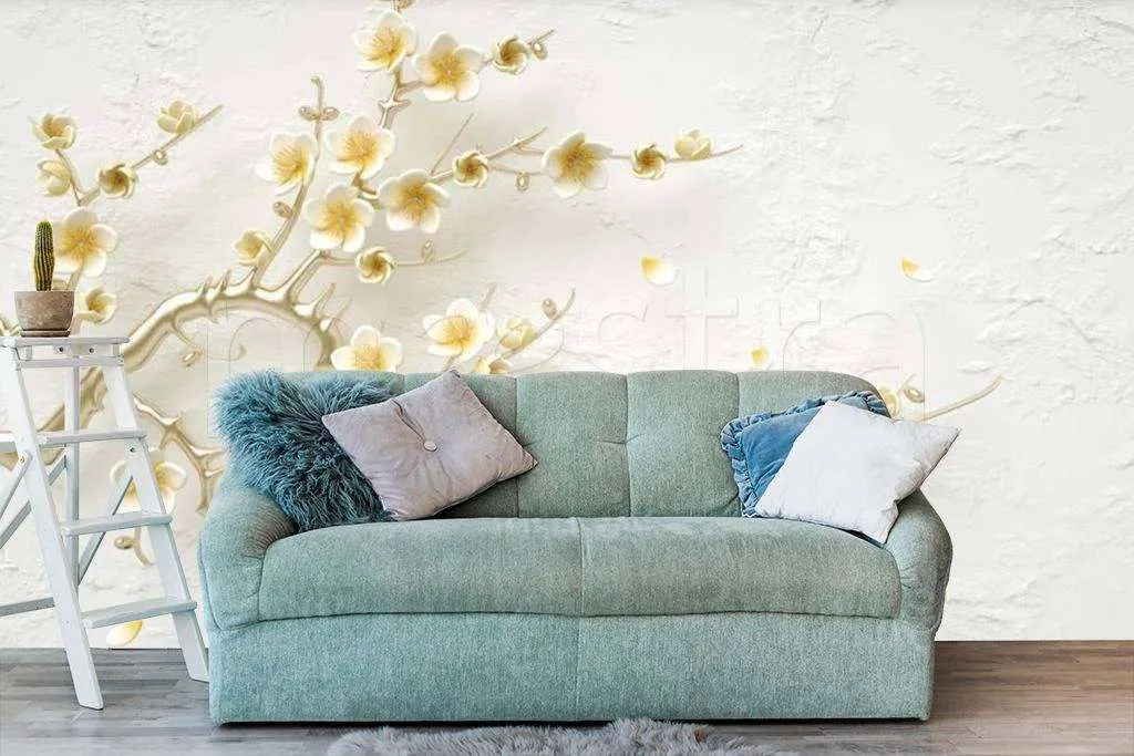 Фотообои в интерьере желтые 3д трехмерные цветы  15-022 фото