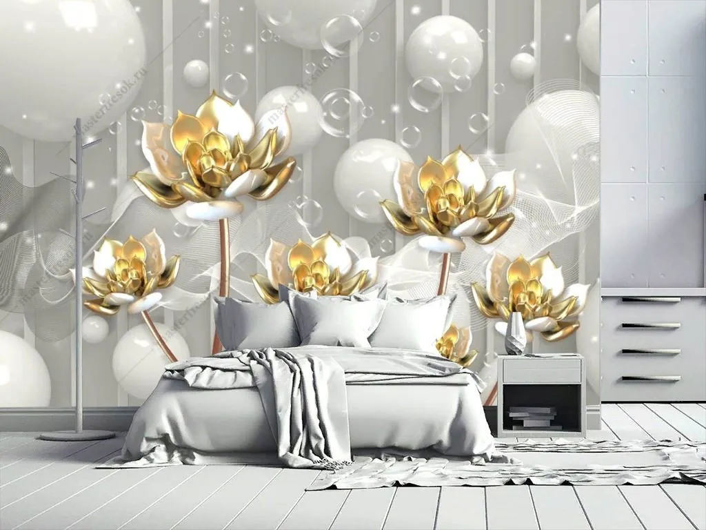 Фотообои в интерьере 3д золотые цветы на стену  10-915 фото
