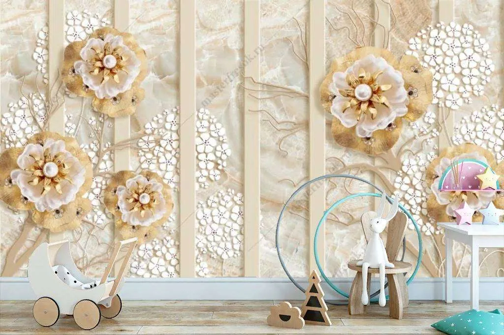 Фотообои в интерьере 3д золотое дерево с цветами  10-842 фото