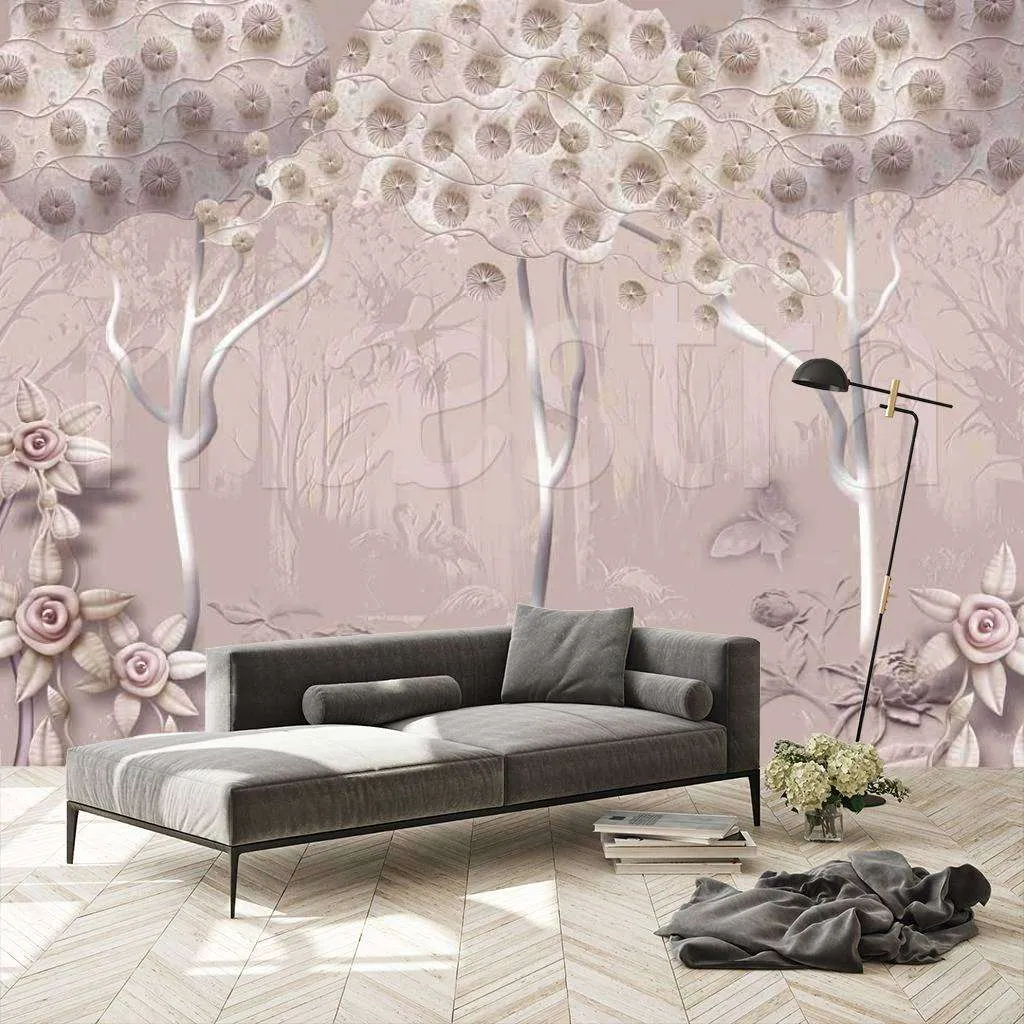 Фотообои в интерьере цветущий сад в серых тонах  7-420 фото