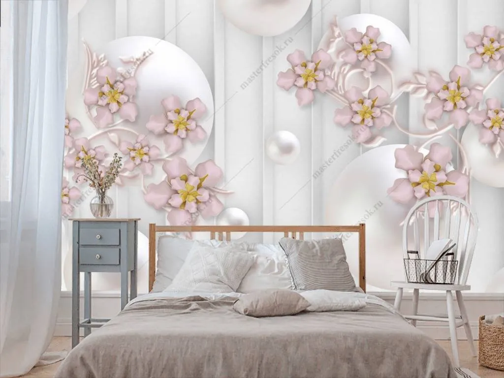 Фотообои в интерьере 3д шары и цветы  10-634 фото