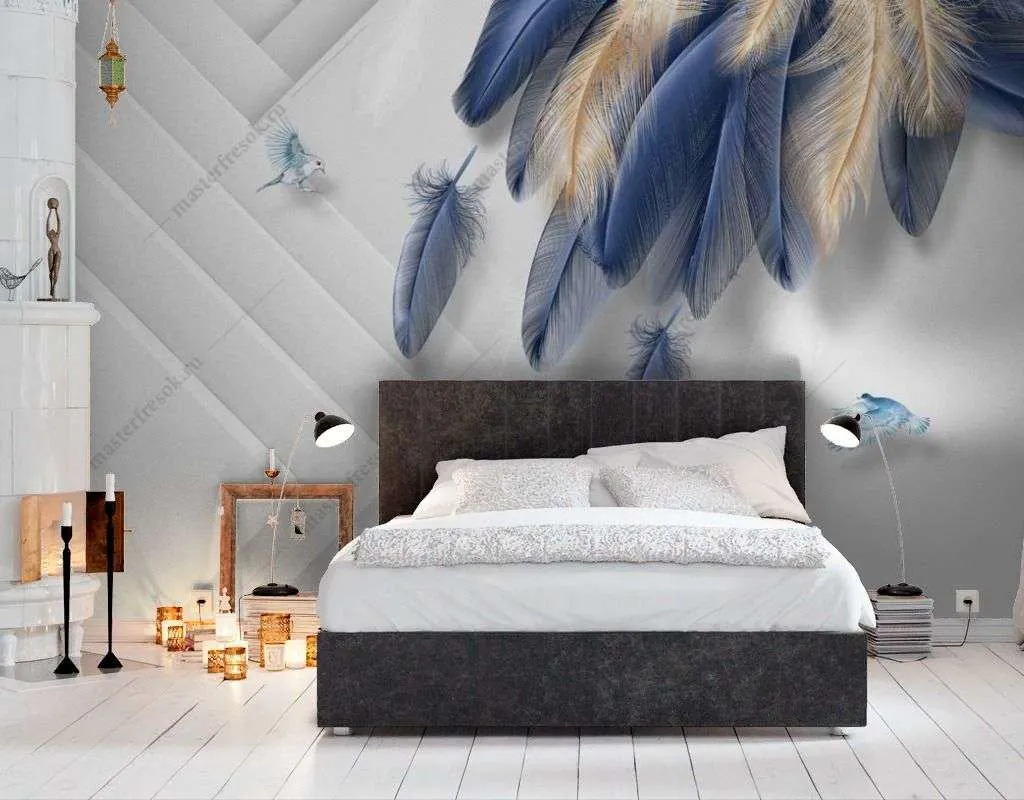 Фотообои в интерьере синие перья  9-1668 фото