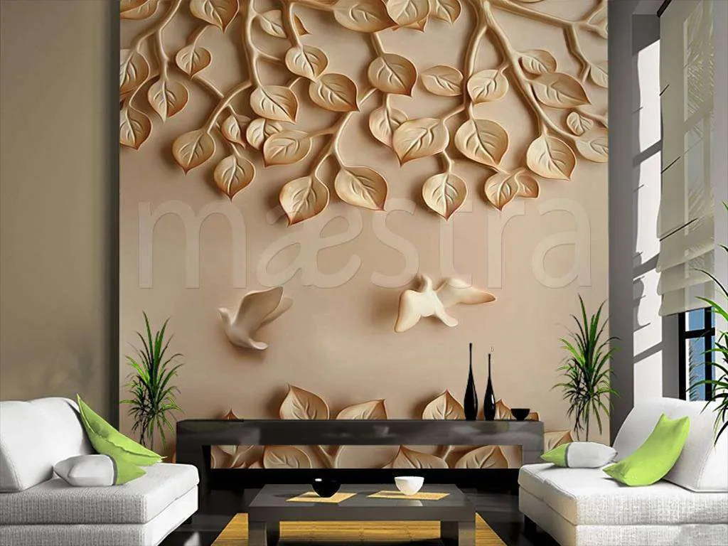 Фотообои в интерьере барельеф на стене с листьями  10-447 фото