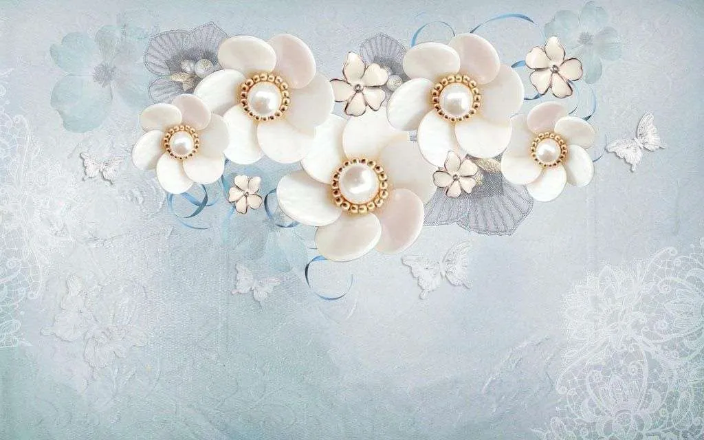 Фотообои в интерьере нежные цветы на голубом фоне  10-616 фото