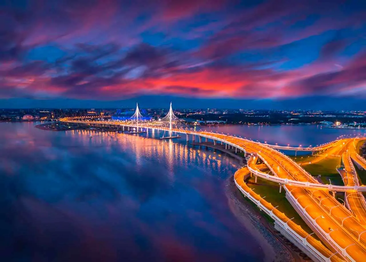 Фотообои в интерьере ночные огни на мосту в санкт петербурге  9-627 фото