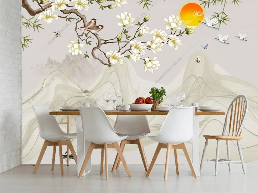 Фотообои в интерьере 3д китайский пейзаж  10-629 фото