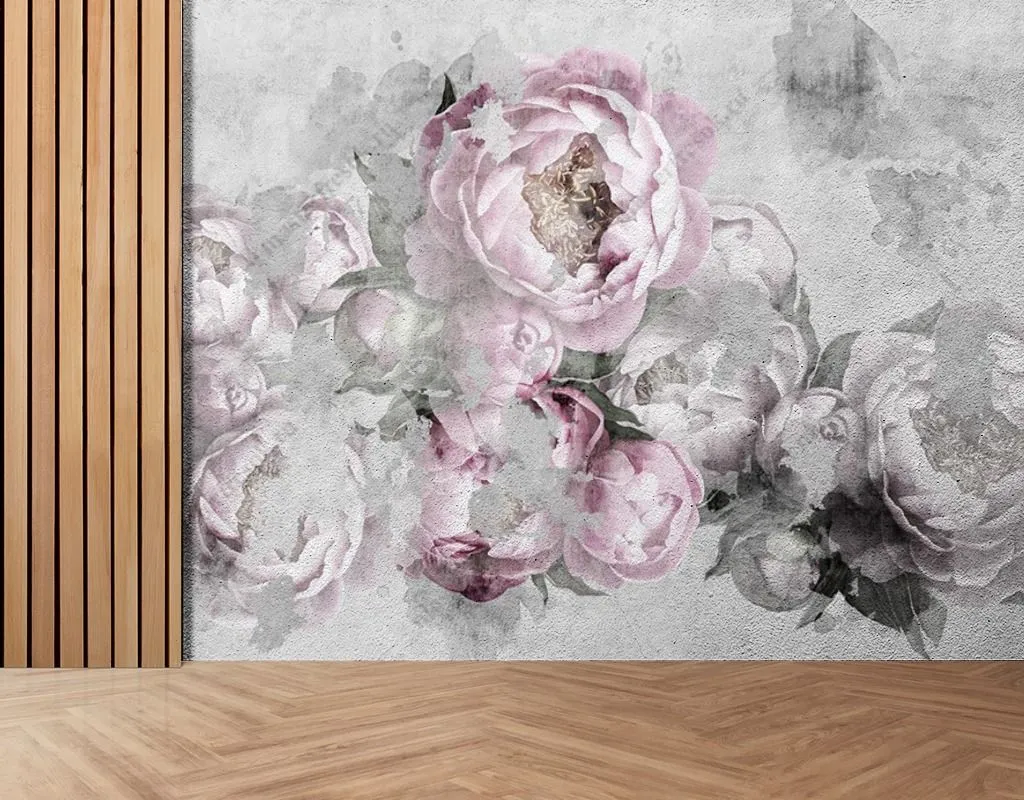 Фотообои в интерьере пионы на сером фоне  9-1605 фото