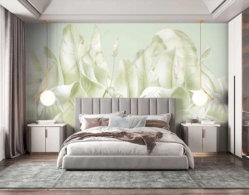 Фотообои в интерьере листья пастель  13-563 фото