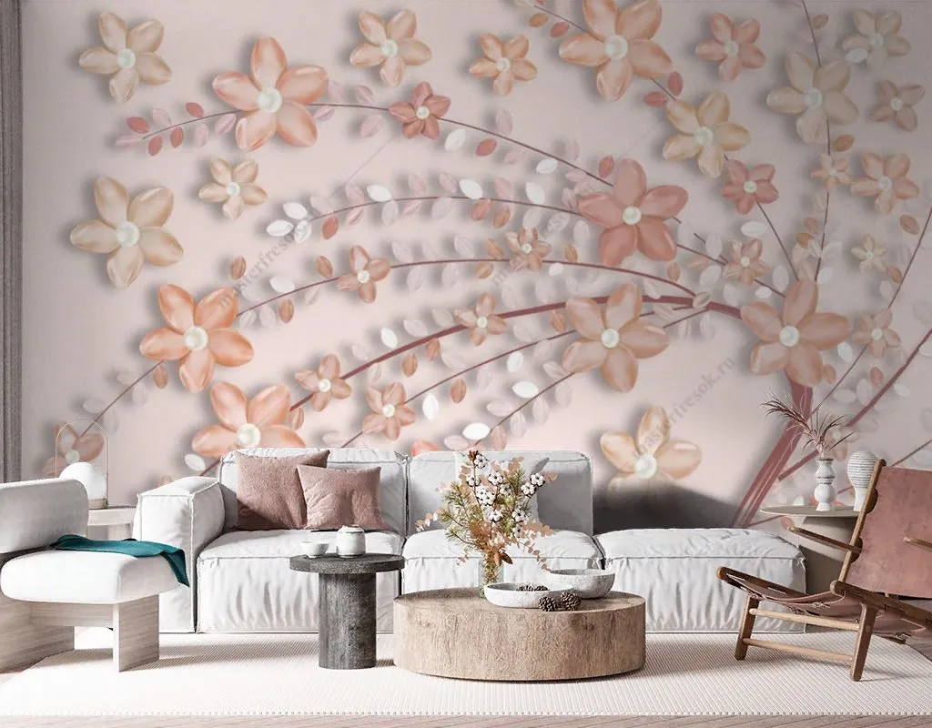 Фотообои в интерьере объёмное дерево с цветами  14-633 фото