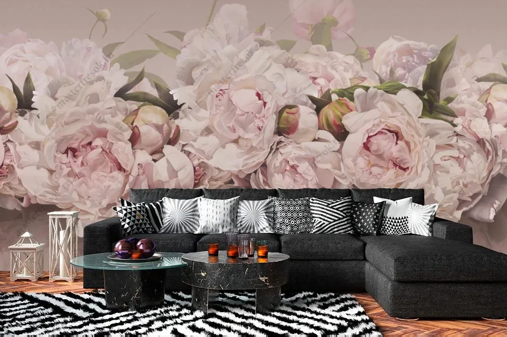 Фотообои в интерьере пионы 3д  14-356 фото