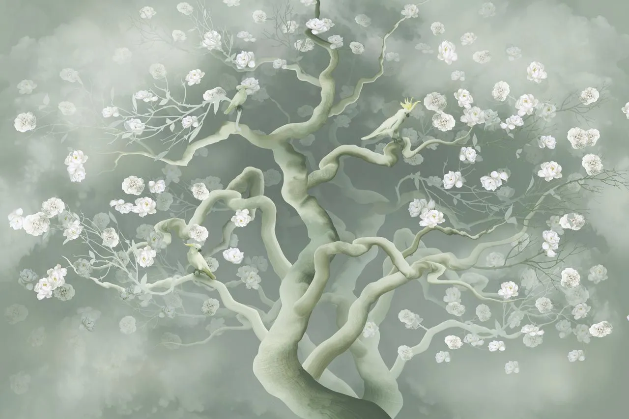 Фотообои в интерьере цветы объемные на дереве  13-591 фото