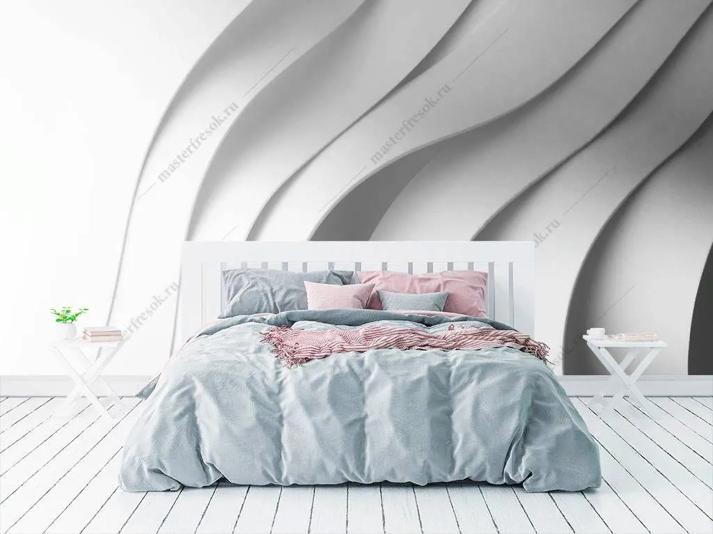 Фотообои в интерьере 3д белые волны с тенью  10-778 фото
