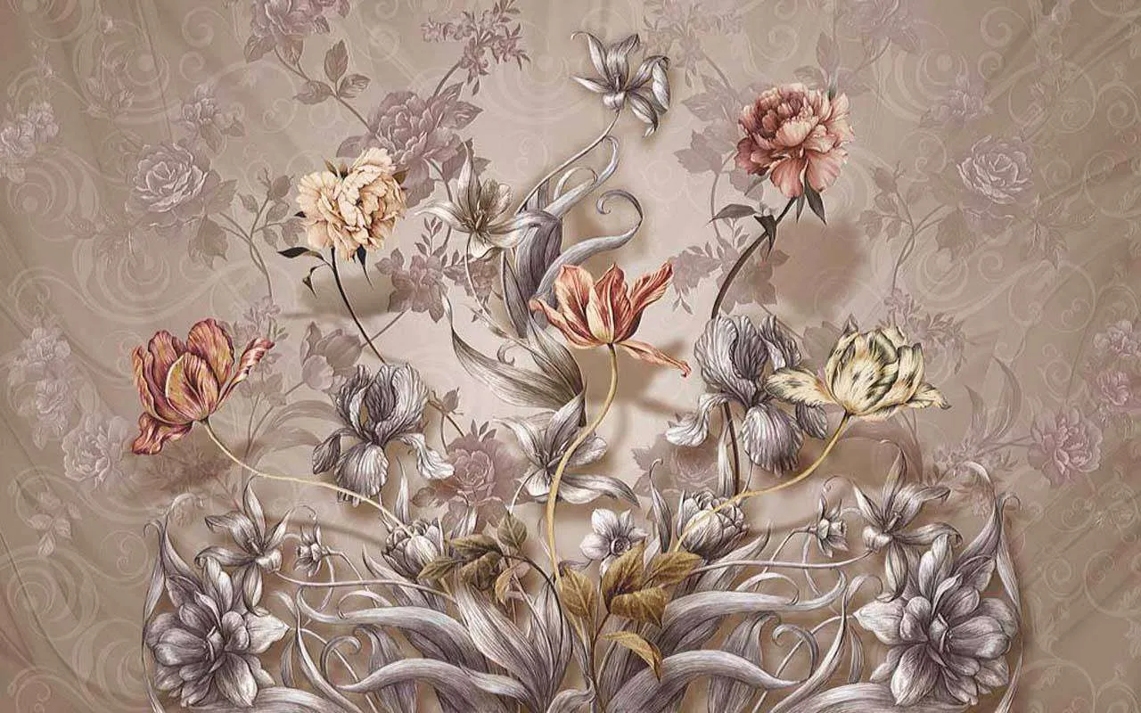 Фотообои в интерьере букет цветов на сером фоне  7-431 фото