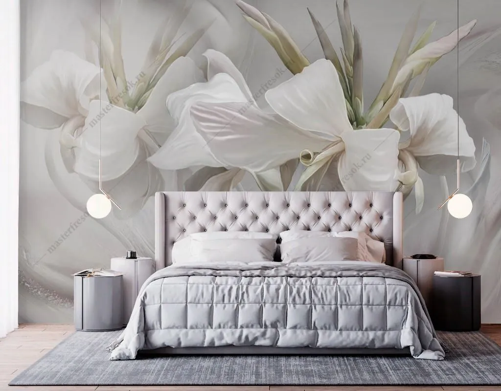 Фотообои в интерьере лилии белые на сером фоне  13-633 фото