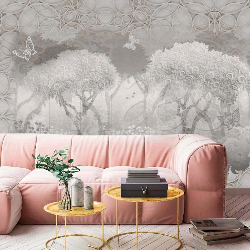 Фотообои в интерьере лес туманный на сером фоне  7-263 фото