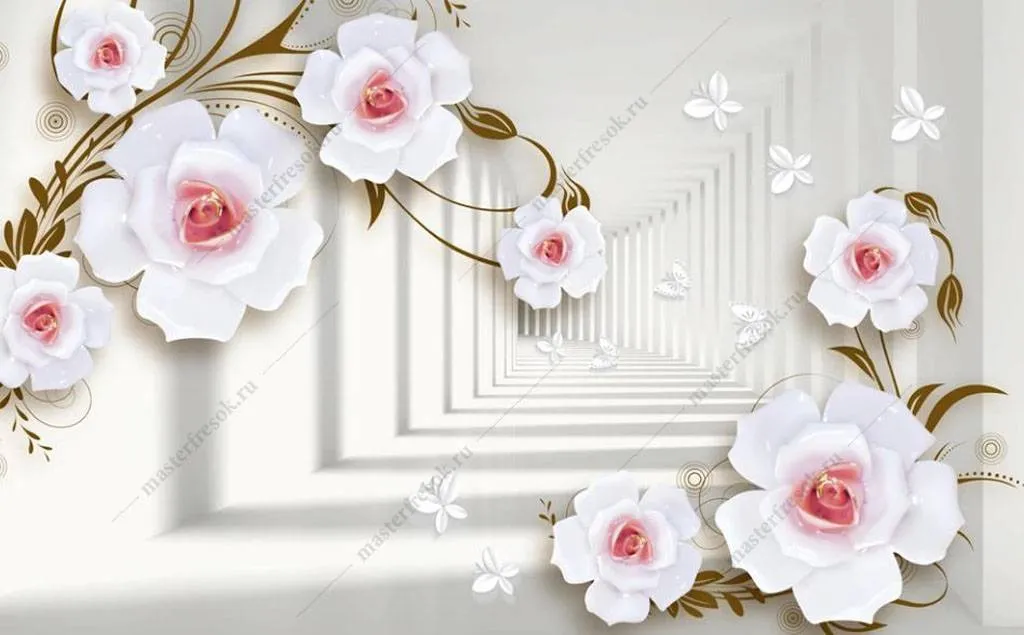 Фотообои в интерьере белые розы 3д  16-192 фото