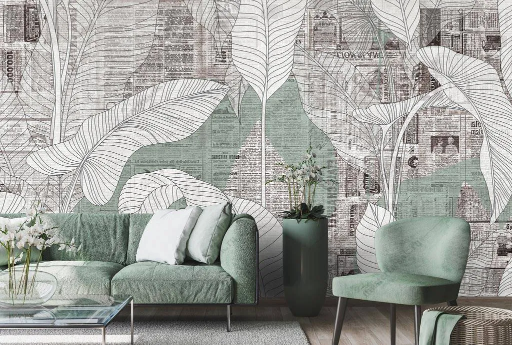 Фотообои Старая газета и тропические листья  9-1246