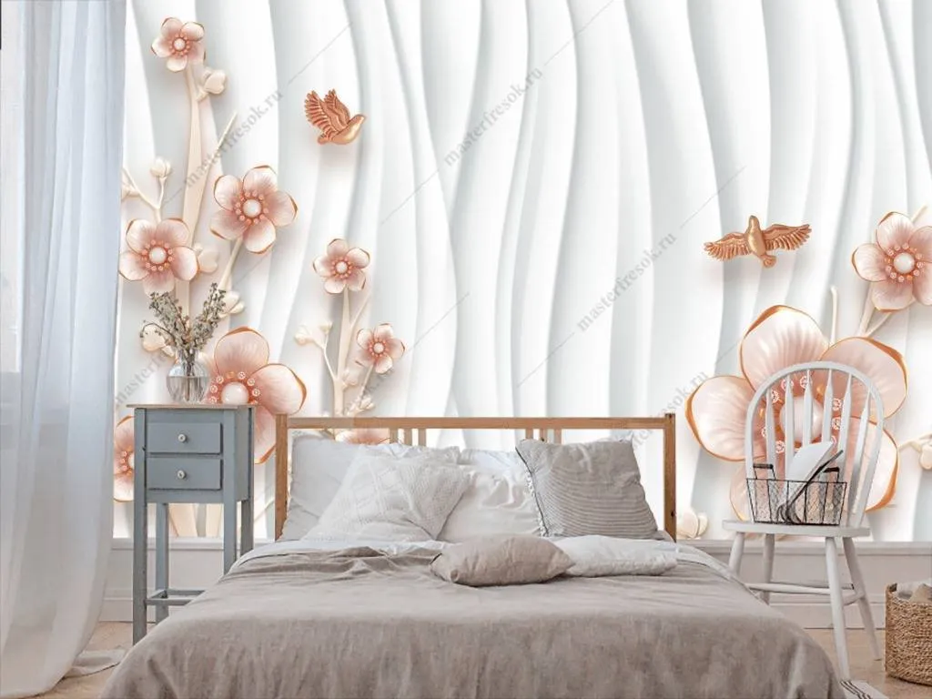 Фотообои в интерьере 3д волны и цветы  10-635 фото