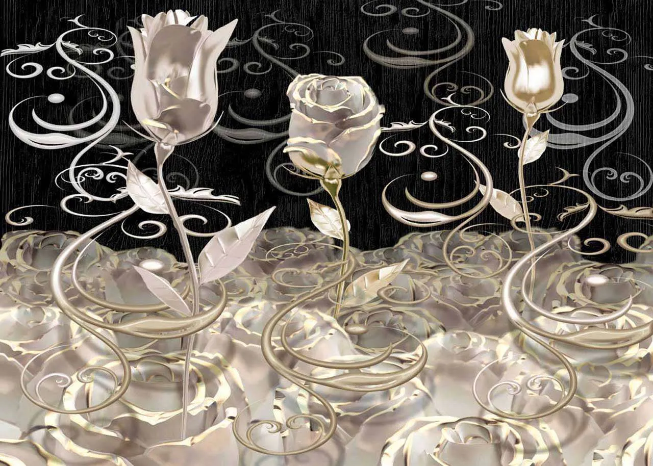 Фотообои в интерьере розы с золотыми узорами  7-592 фото