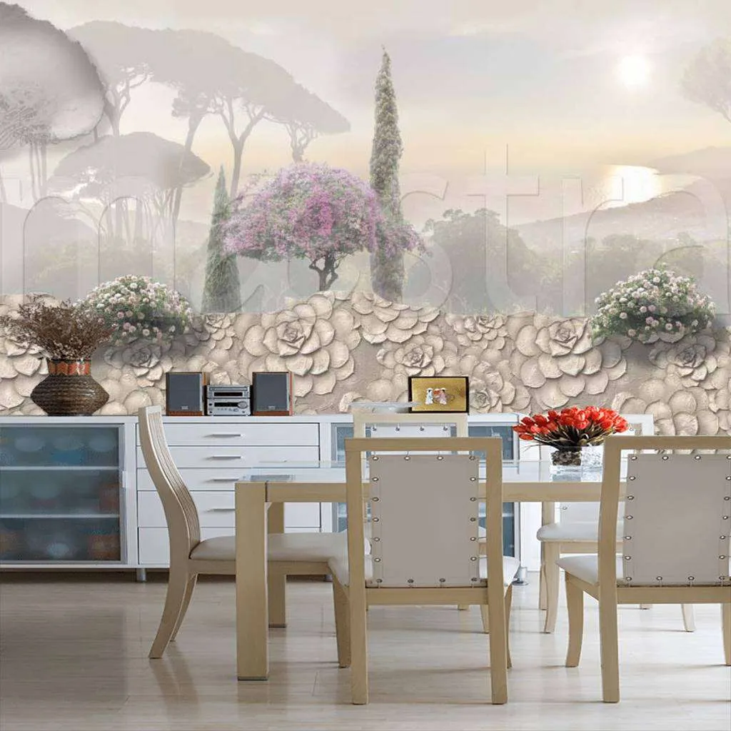 Фотообои в интерьере 3д пейзаж в дымке  7-757 фото