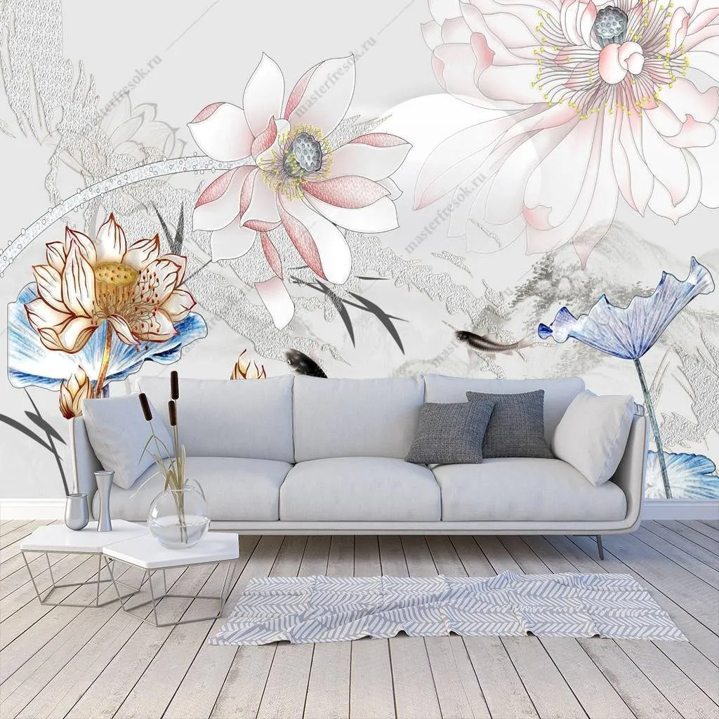 Фотообои в интерьере 3д цветы роспись  10-659 фото