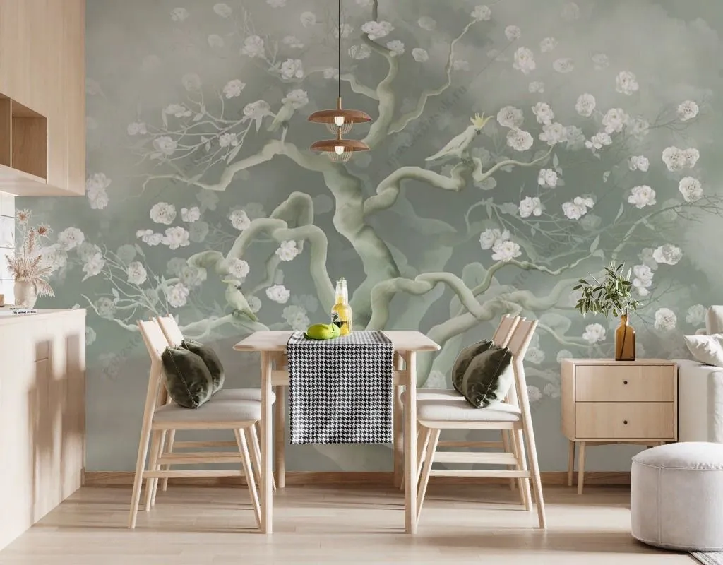 Фотообои в интерьере цветы объемные на дереве  13-591 фото