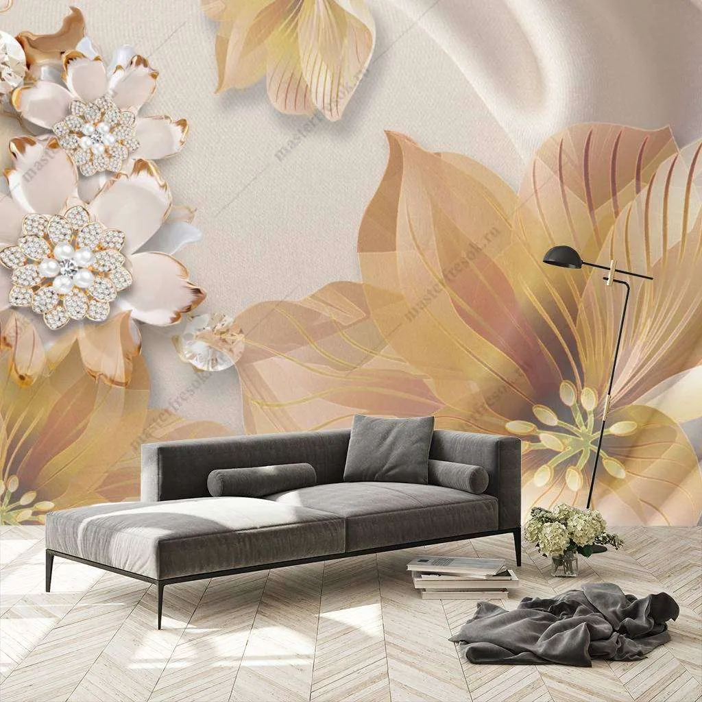 Фотообои Бесшовные обои на стену:  3д золотые цветы. Артикул: 10-633  