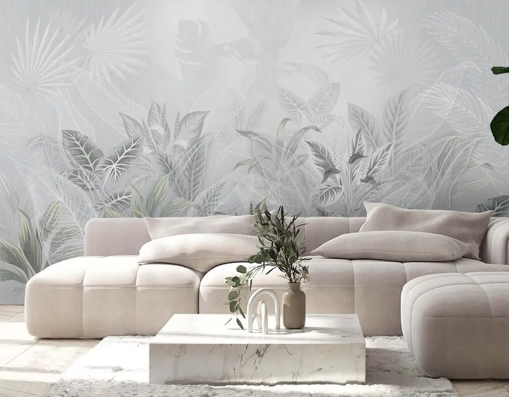 Фотообои в интерьере в гостиную цветы тропические на сером фоне   13-671 фото