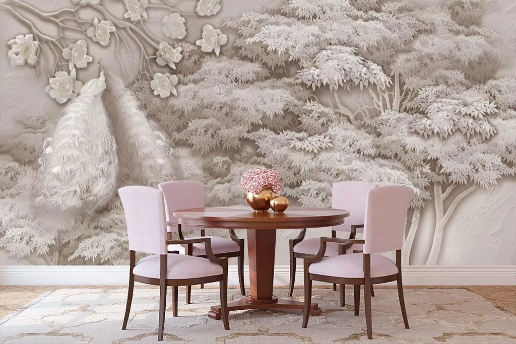 Фотообои в интерьере павлин у дерева  13-350 фото