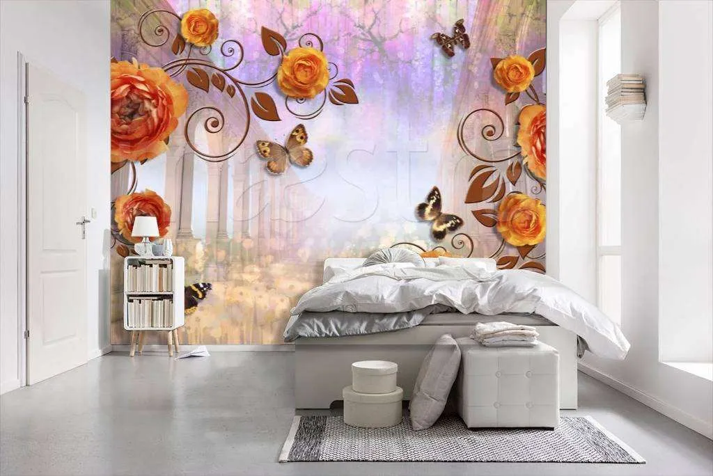 Фотообои в интерьере стереоскопические розы с перспективой  7-484 фото