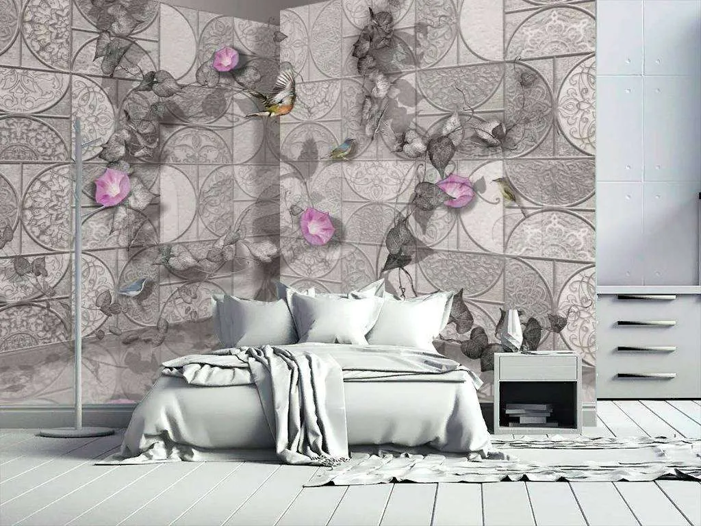 Фотообои в интерьере 3д стена с цветами  7-712 фото