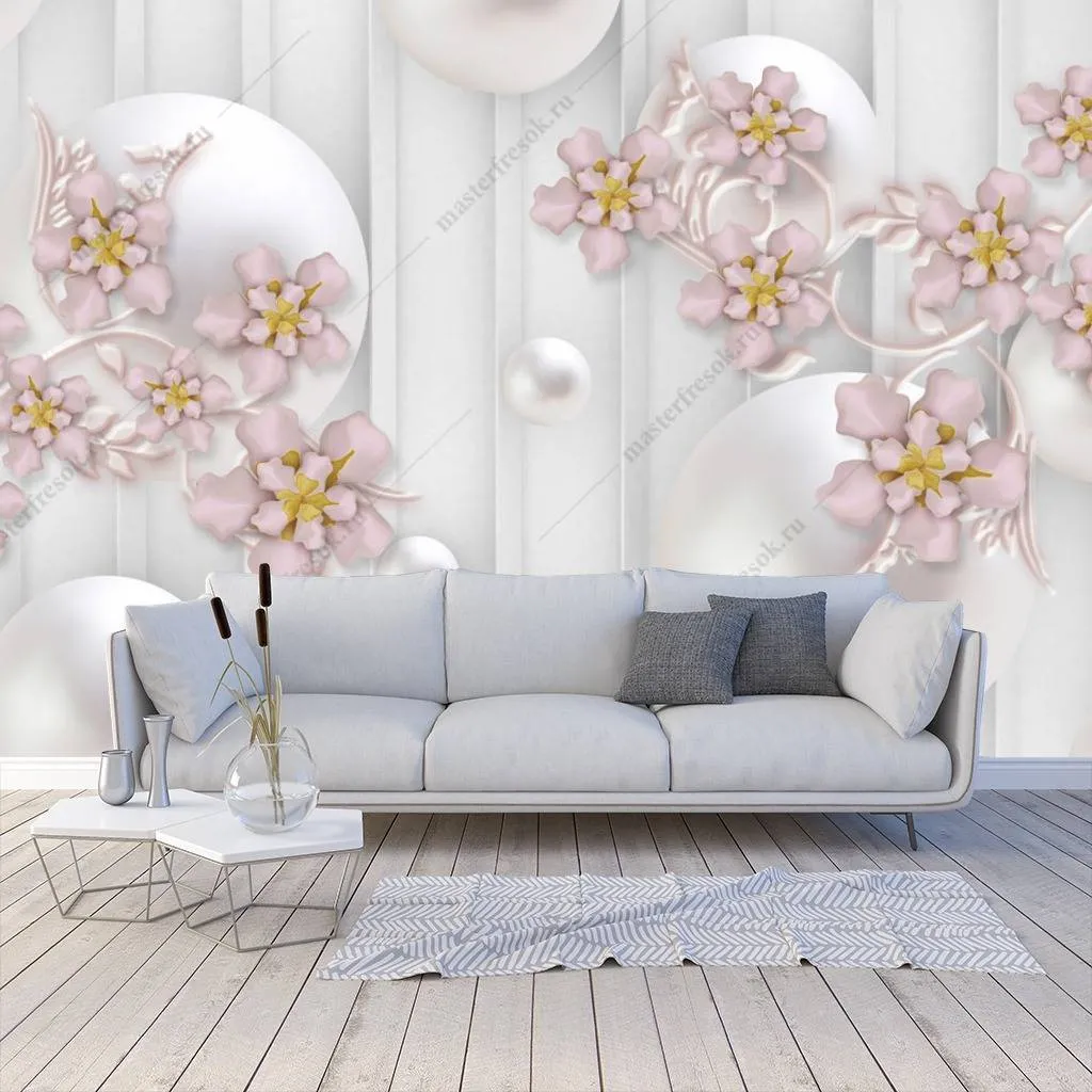 Фотообои в интерьере 3д шары и цветы  10-634 фото