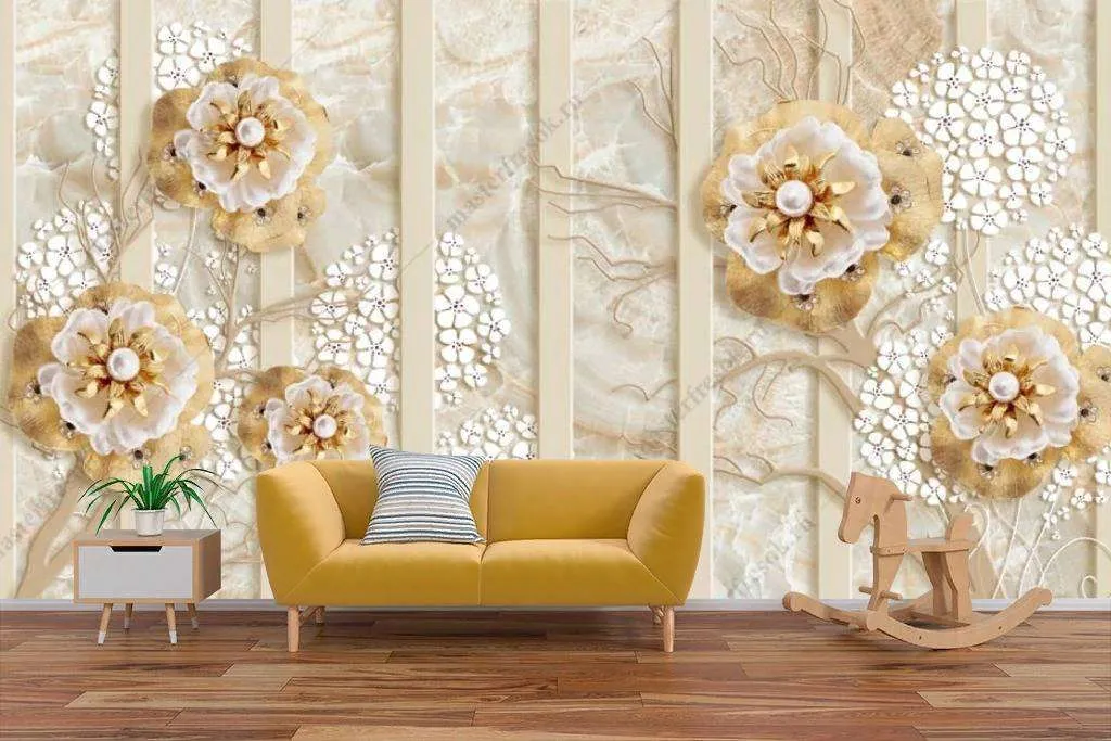 Фотообои в интерьере 3д золотое дерево с цветами  10-842 фото