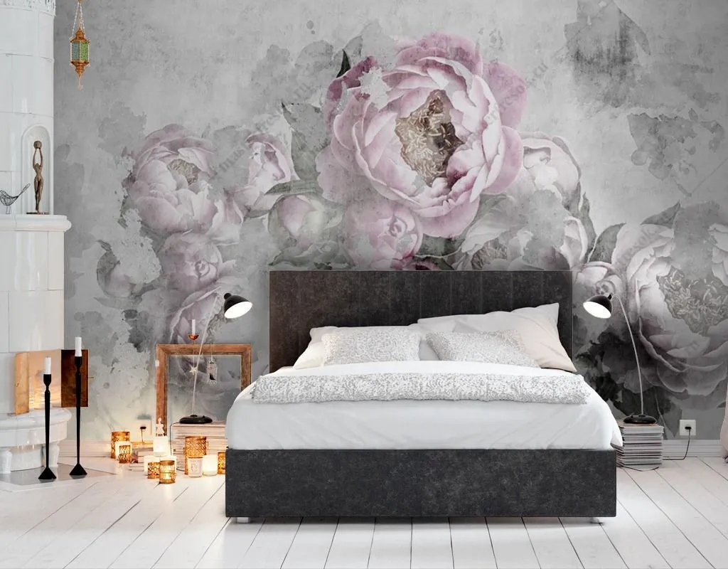 Фотообои Пионы на сером фоне  9-1605