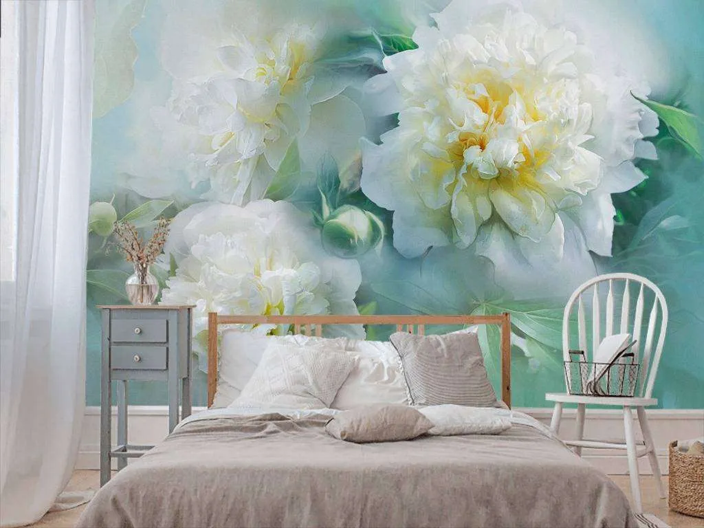 Фотообои в интерьере пион 3д в дымке  13-240 фото