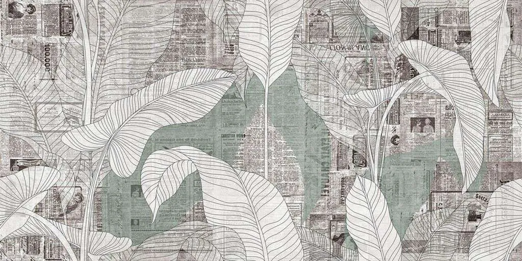 Фотообои в интерьере старая газета и тропические листья  9-1246 фото