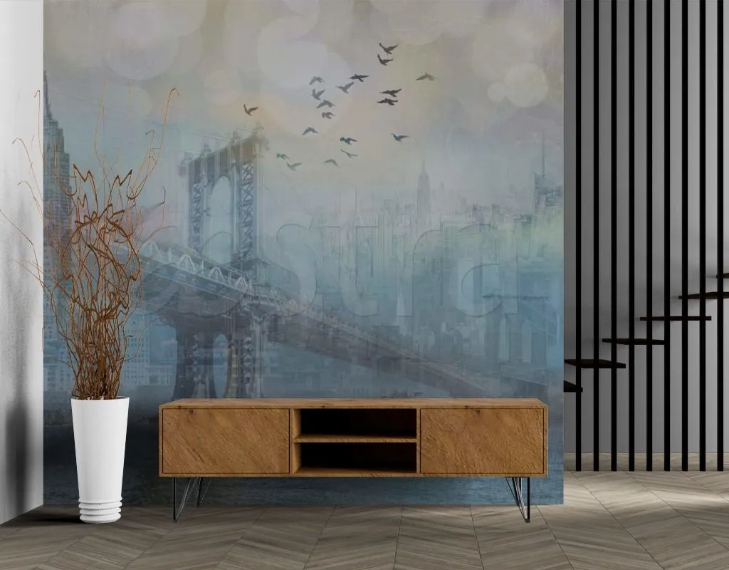 Фотообои в интерьере город и мосты в тумане  7-401 фото