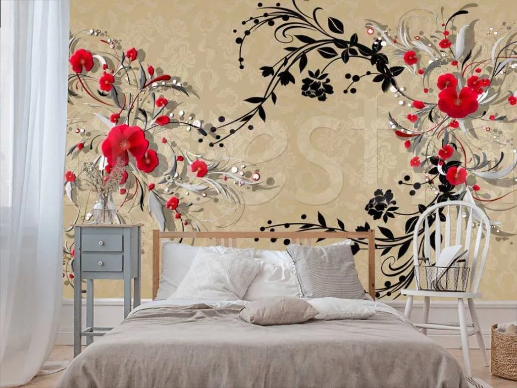 Фотообои в интерьере черно красные цветы 3д  7-214 фото