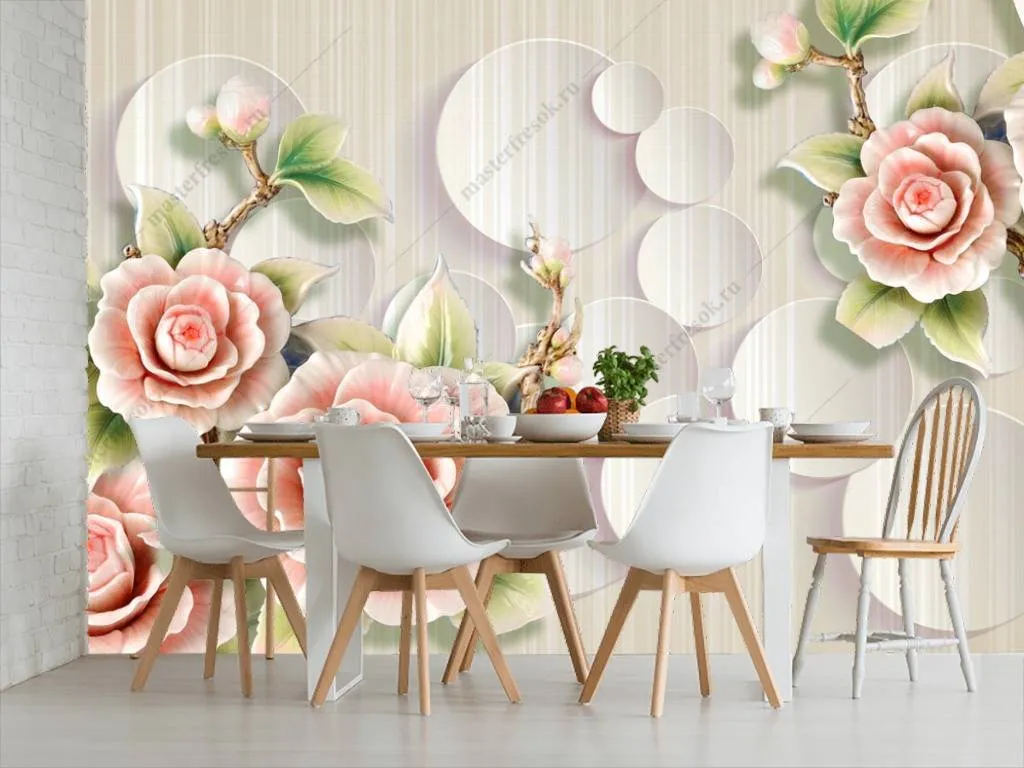Фотообои в интерьере 3д цветы на кругах  10-666 фото