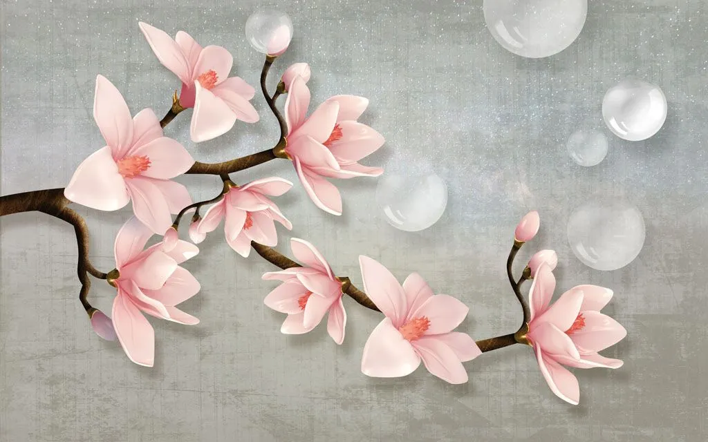 Фотообои в интерьере 3д сакура на сером  10-649 фото