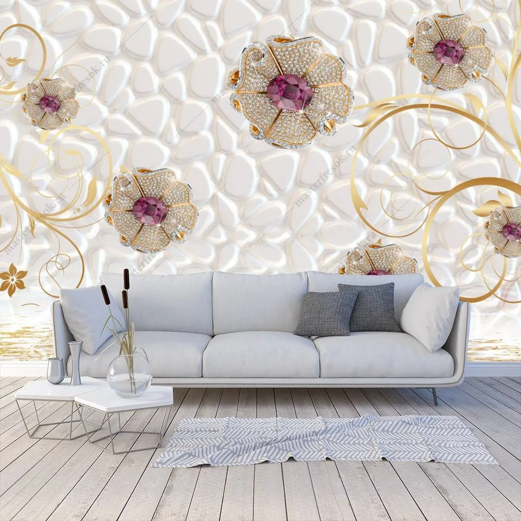 Фотообои в интерьере 3д цветы на белом  10-636 фото