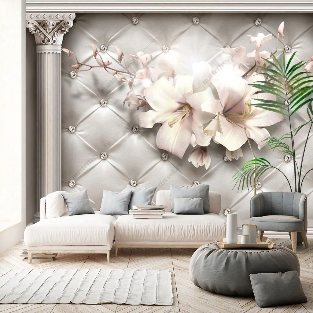 Фотообои в интерьере 3д цветы и колонны  10-899 фото