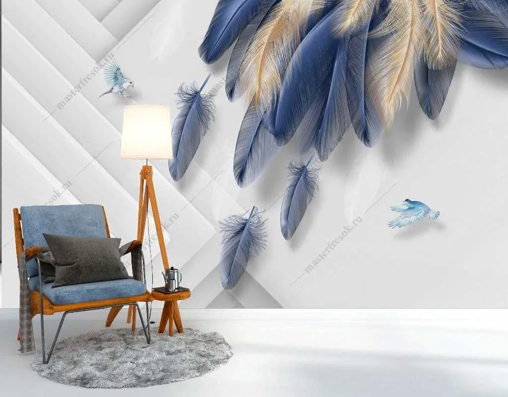 Фотообои в интерьере синие перья  9-1668 фото