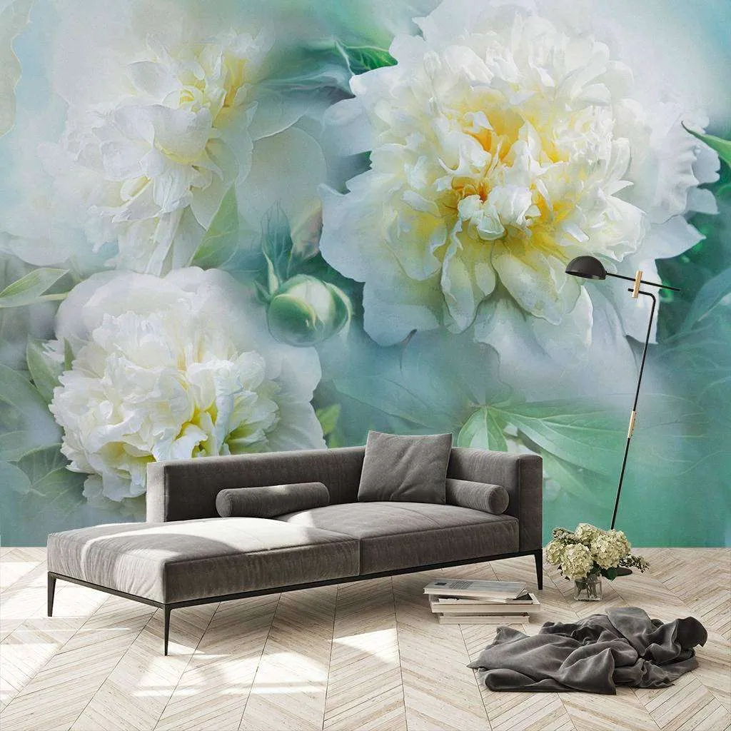 Фотообои в интерьере пион 3д в дымке  13-240 фото