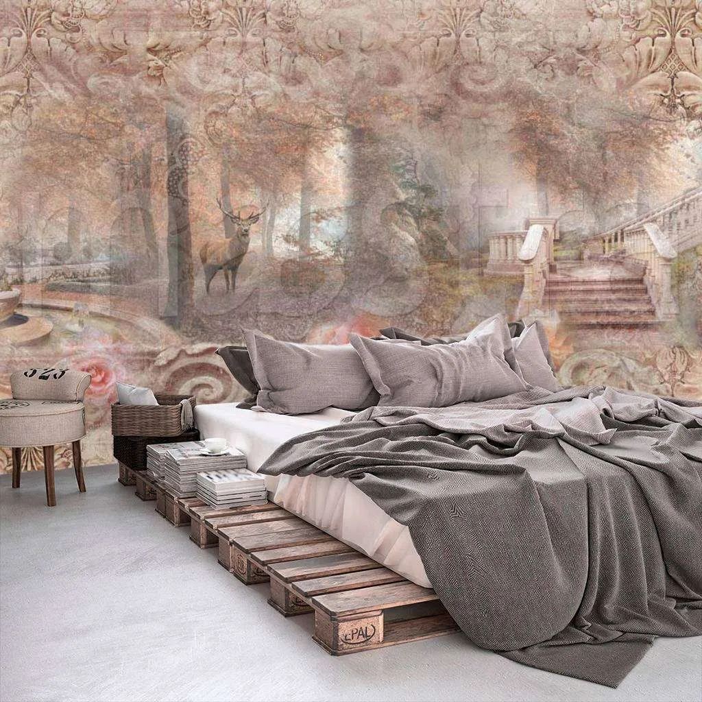 Фотообои в интерьере утренний лес сад в розовых тонах  7-322 фото